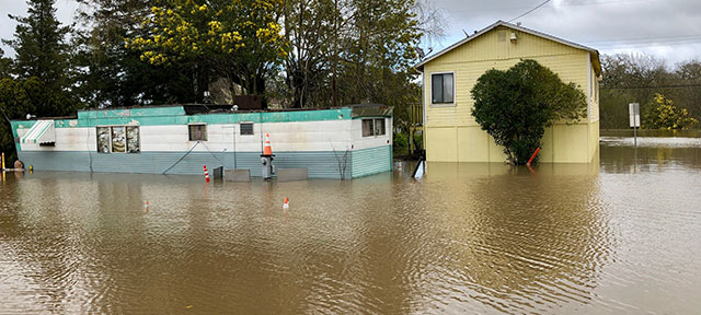 Photo of a mobile home flooded in Sebastopol