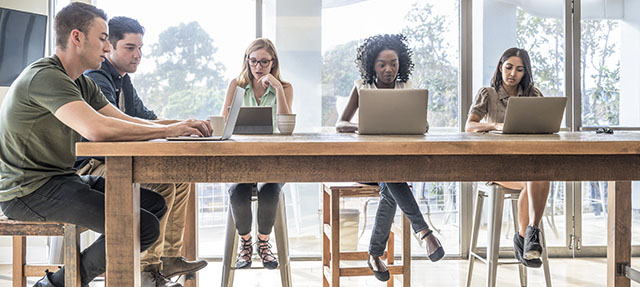 photo - Business People Working at High Desk Using Laptops